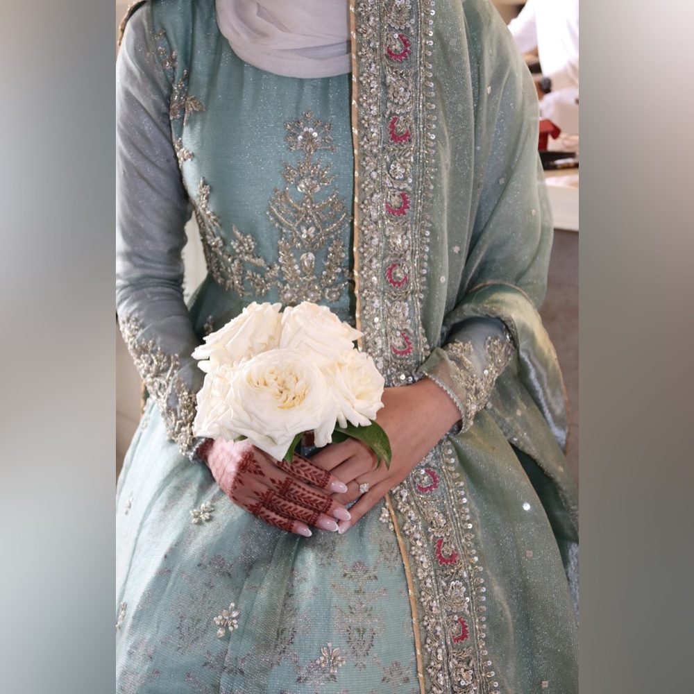 Beautiful green outfit 3 piece, skirt, with overlay dress and dupatta.